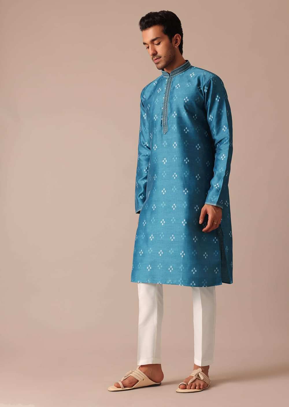 Blue Chanderi Silk Printed Kurta Set With Embroidered Detail