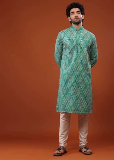 Blue Chinon Silk Kurta Set With Thread Embroidery