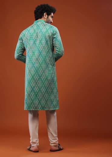 Blue Chinon Silk Kurta Set With Thread Embroidery