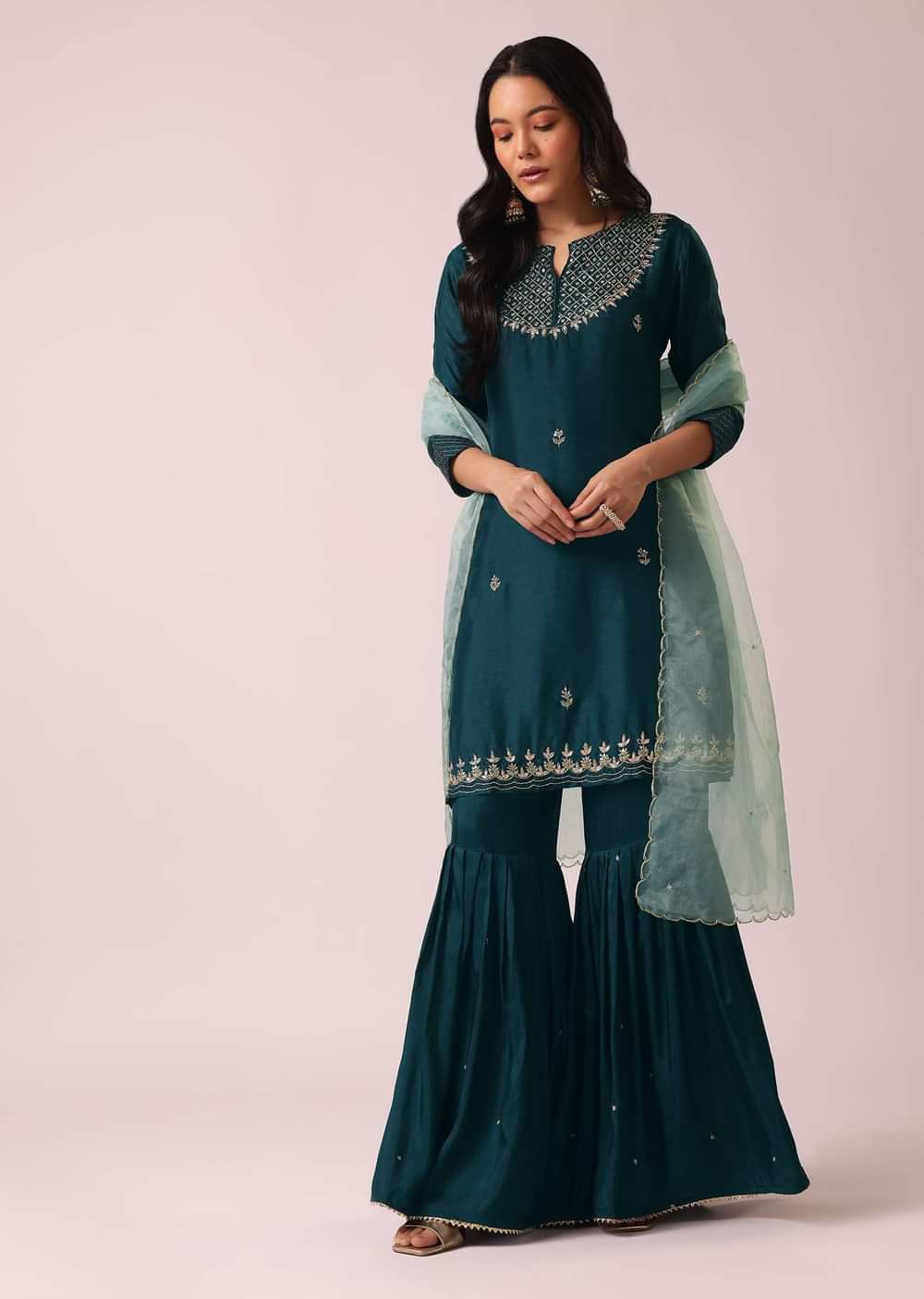 Blue Colorblock Chanderi Kurta And Sharara Set with Gota Work