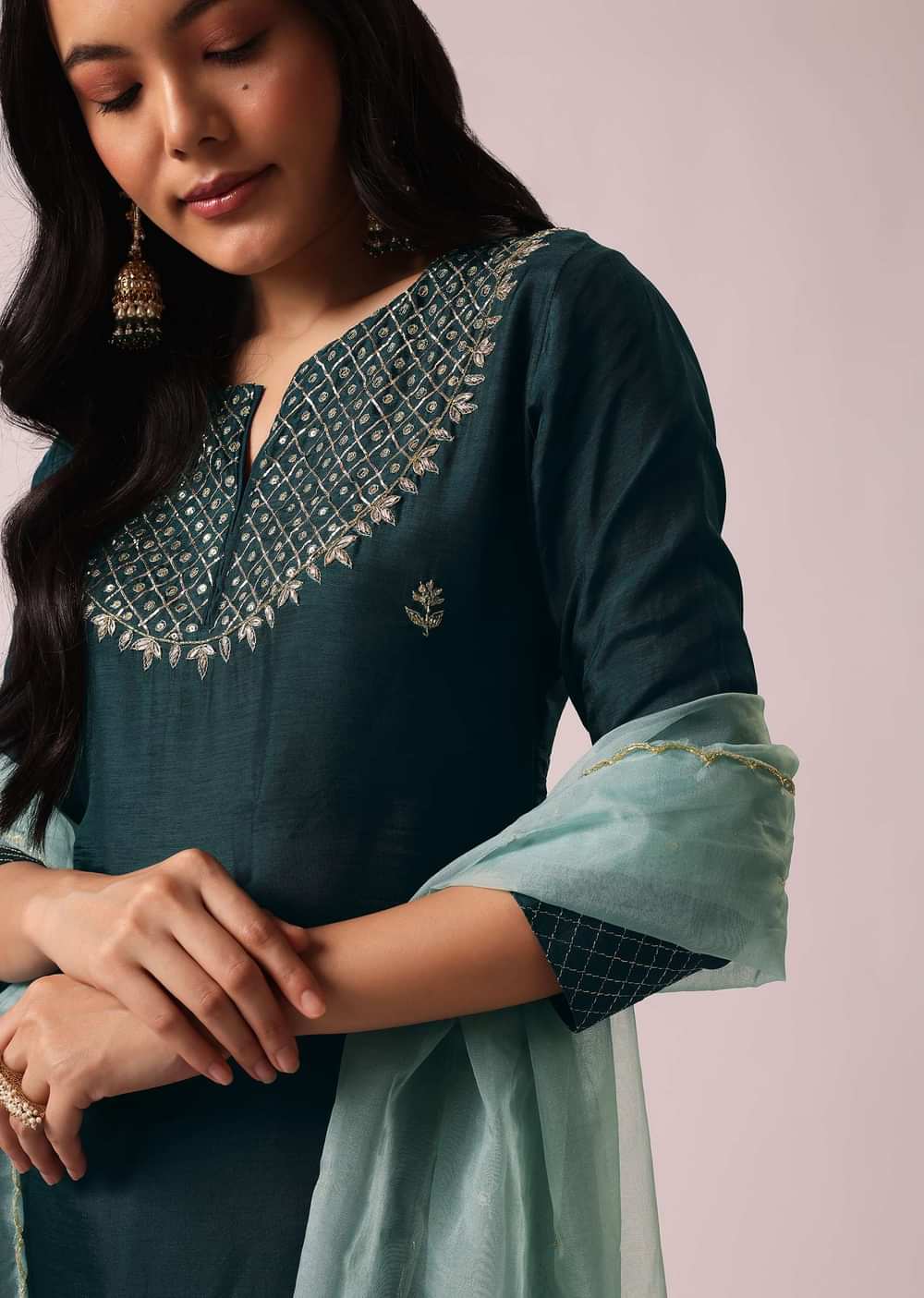 Blue Colorblock Chanderi Kurta And Sharara Set with Gota Work