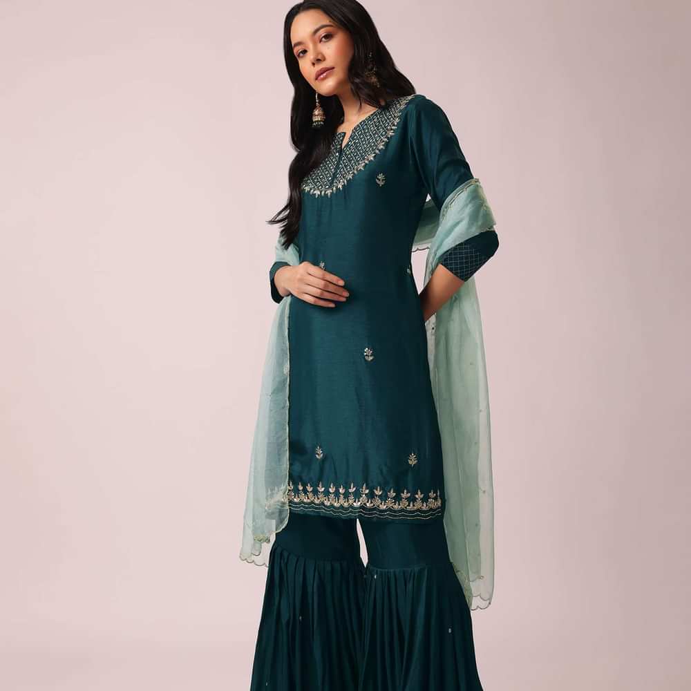 Blue Colorblock Chanderi Kurta And Sharara Set with Gota Work