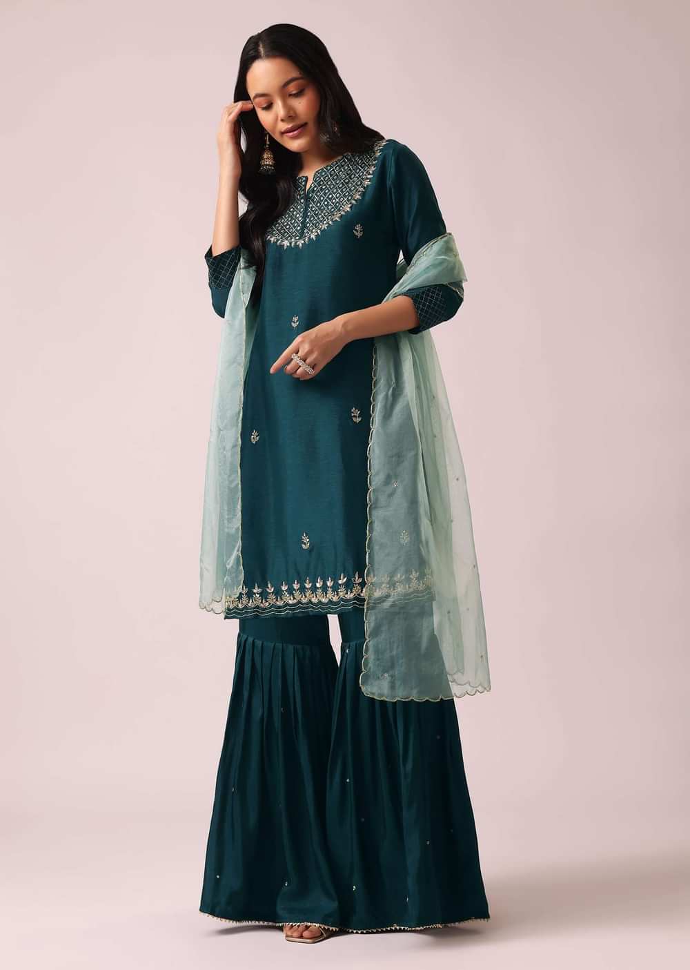 Blue Colorblock Chanderi Kurta And Sharara Set with Gota Work