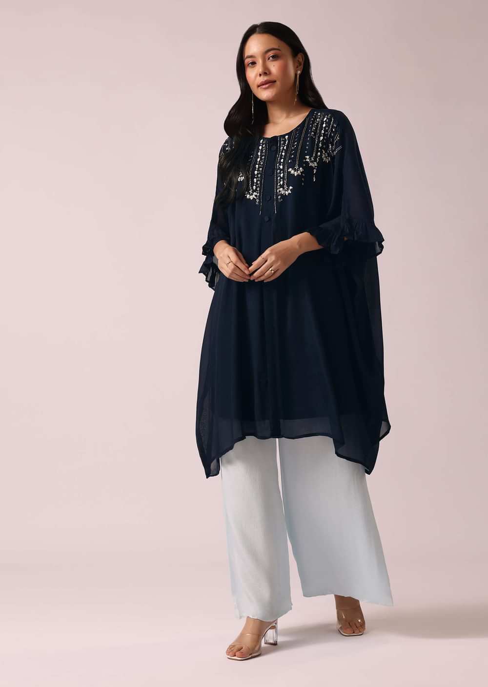 Blue Colorblock Kaftan And Palazzo Set