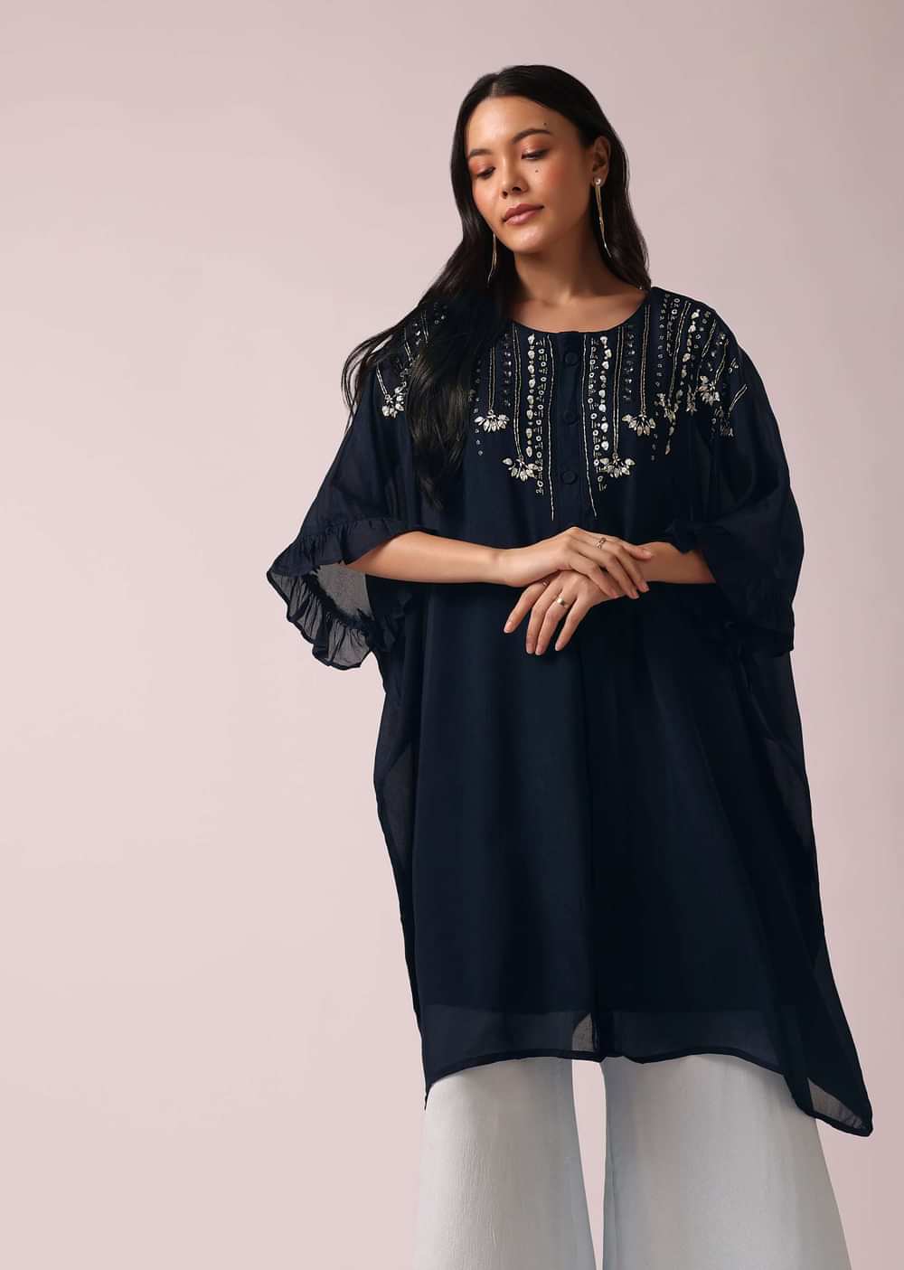 Blue Colorblock Kaftan And Palazzo Set