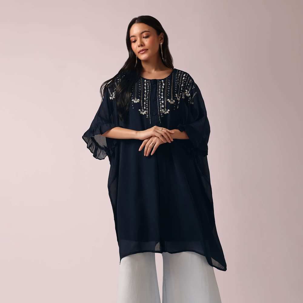 Blue Colorblock Kaftan And Palazzo Set