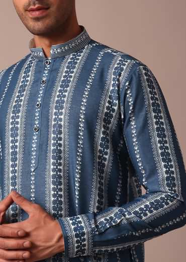 Blue Cotton Silk Kurta With Print