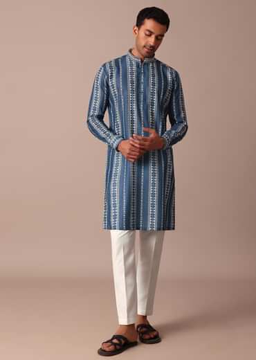 Blue Cotton Silk Kurta With Print