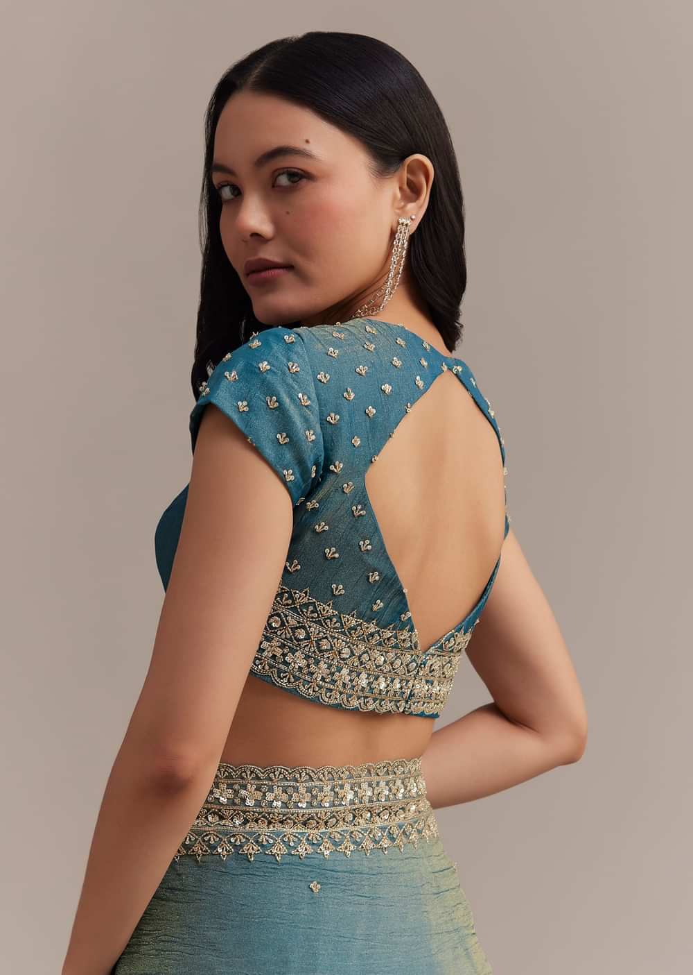 Blue Crushed Tissue Saree With Scallop Embellished Border