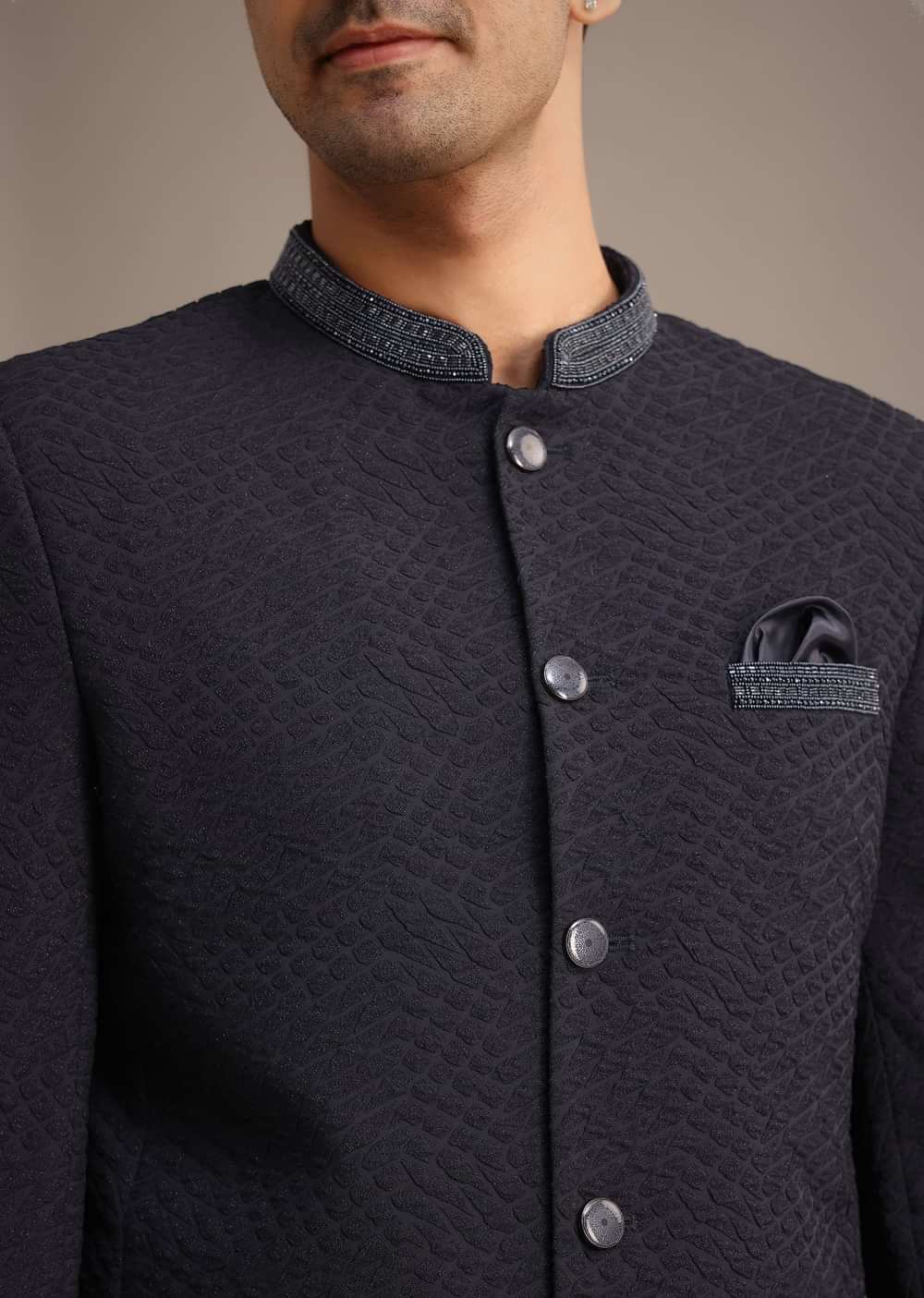 Blue Cutdana Work Jodhpuri And Pant Set With Pocket Square