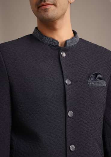 Blue Cutdana Work Jodhpuri And Pant Set With Pocket Square