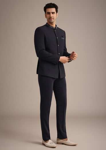 Blue Cutdana Work Jodhpuri And Pant Set With Pocket Square