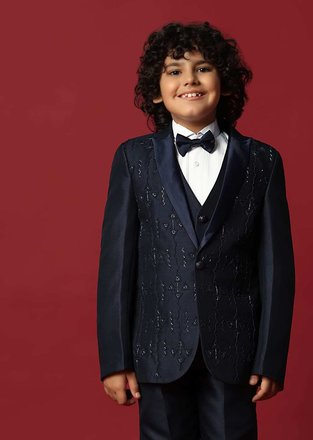 Blue Cutwork Embroidery Festive Tuxedo For Boys