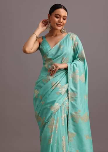 Blue Dola Silk Lurex  Woven Saree And Gotta Patti Border