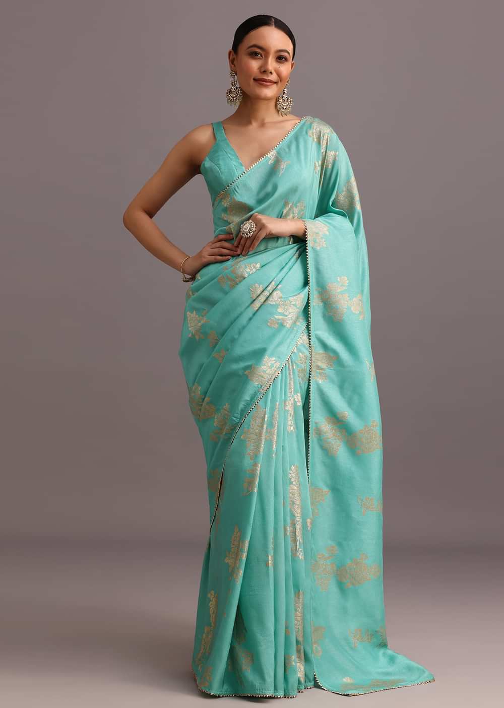 Blue Dola Silk Lurex  Woven Saree And Gotta Patti Border
