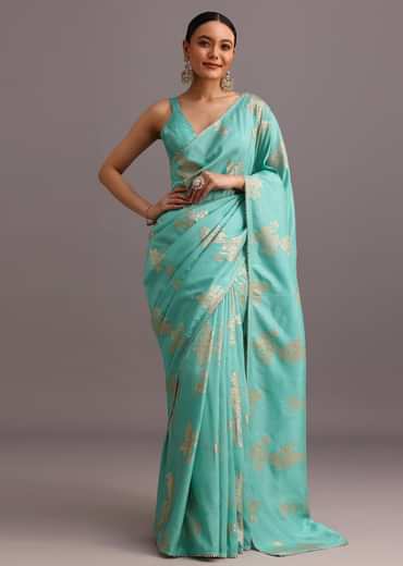 Blue Dola Silk Lurex  Woven Saree And Gotta Patti Border