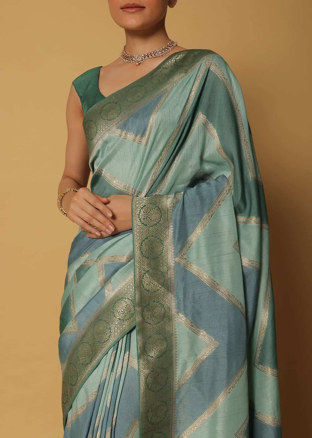 Blue Dola Silk Saree With Diagonal Woven Stripes And Unstitched Blouse Fabric