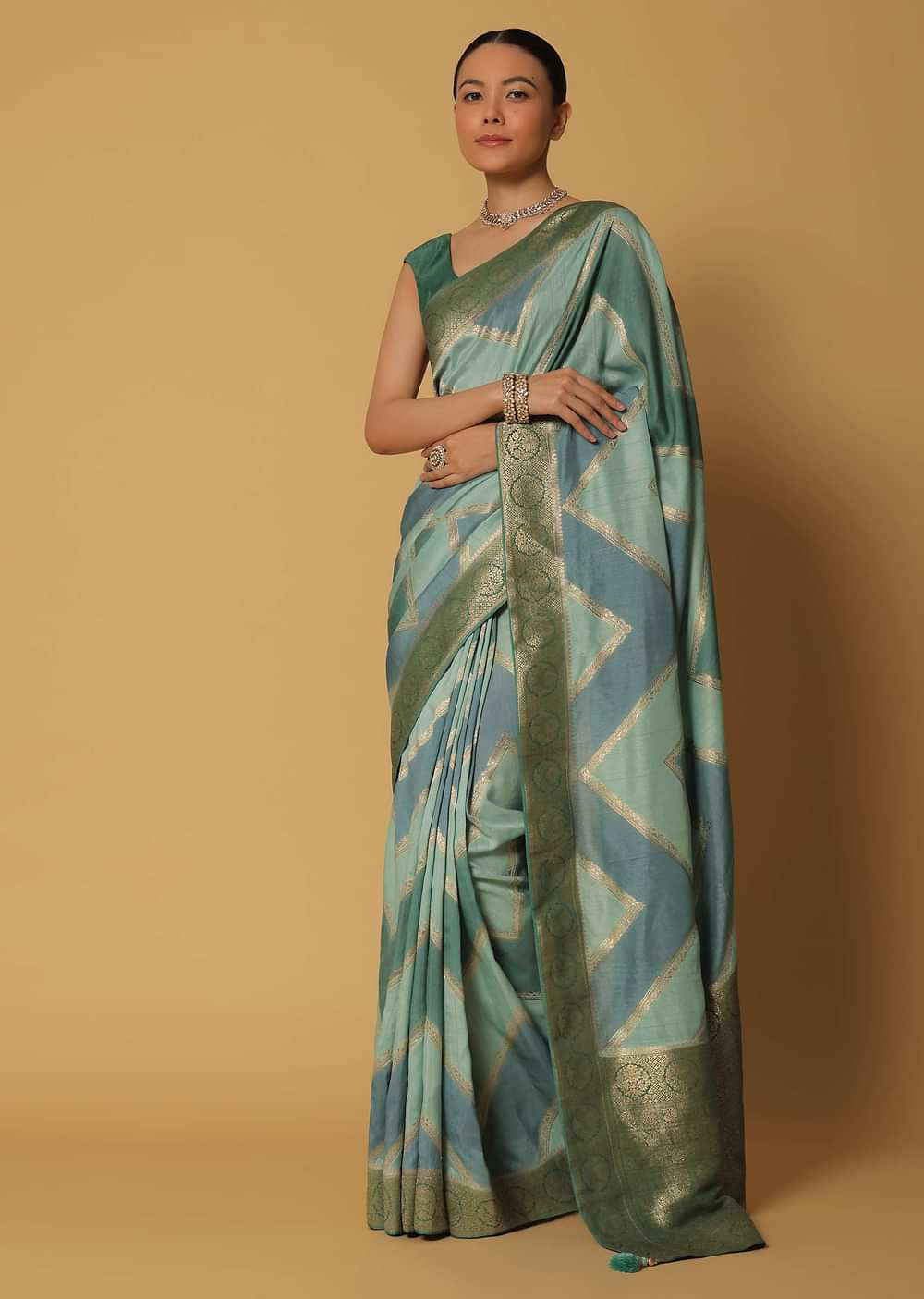 Blue Dola Silk Saree With Diagonal Woven Stripes And Unstitched Blouse Fabric