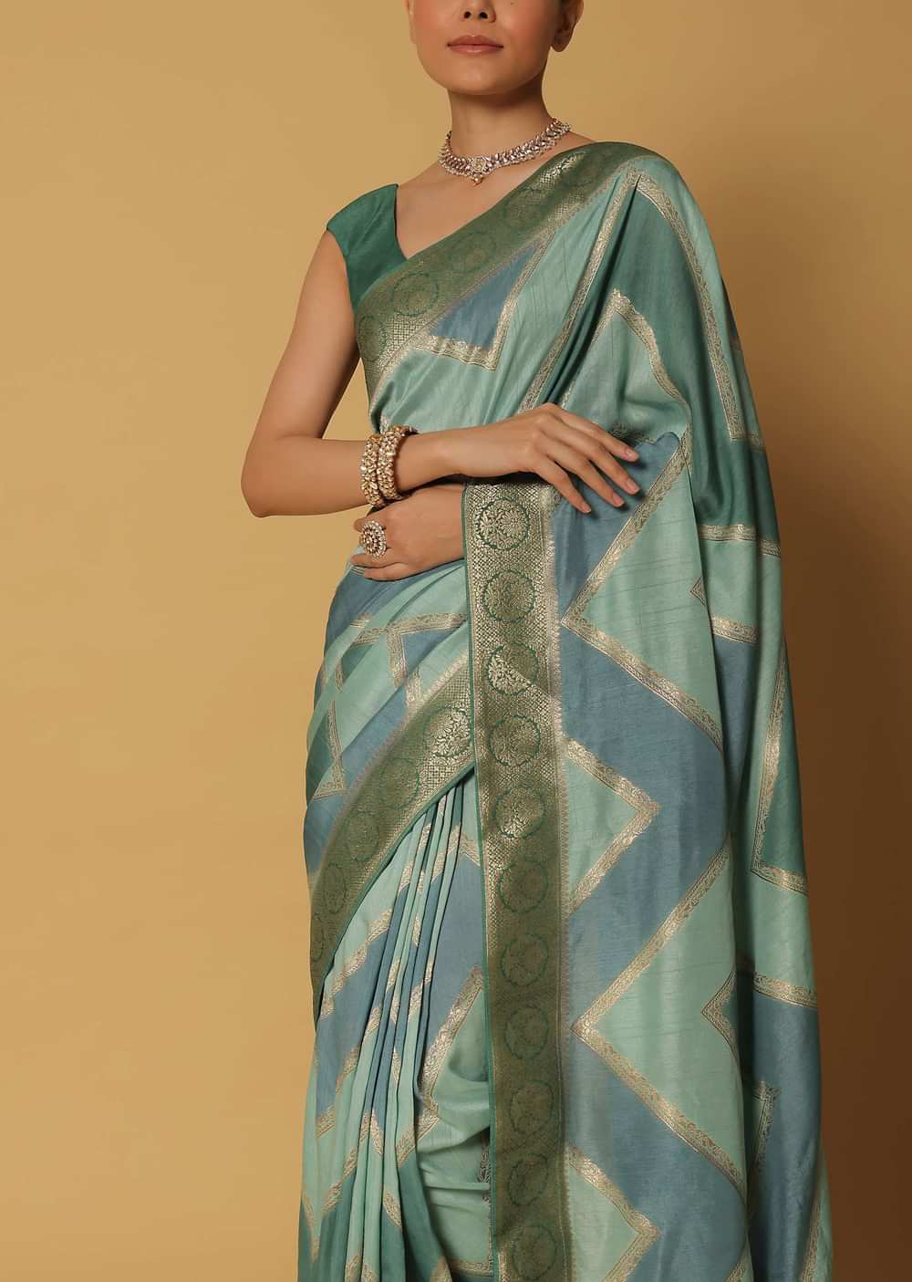 Blue Dola Silk Saree With Diagonal Woven Stripes And Unstitched Blouse Fabric