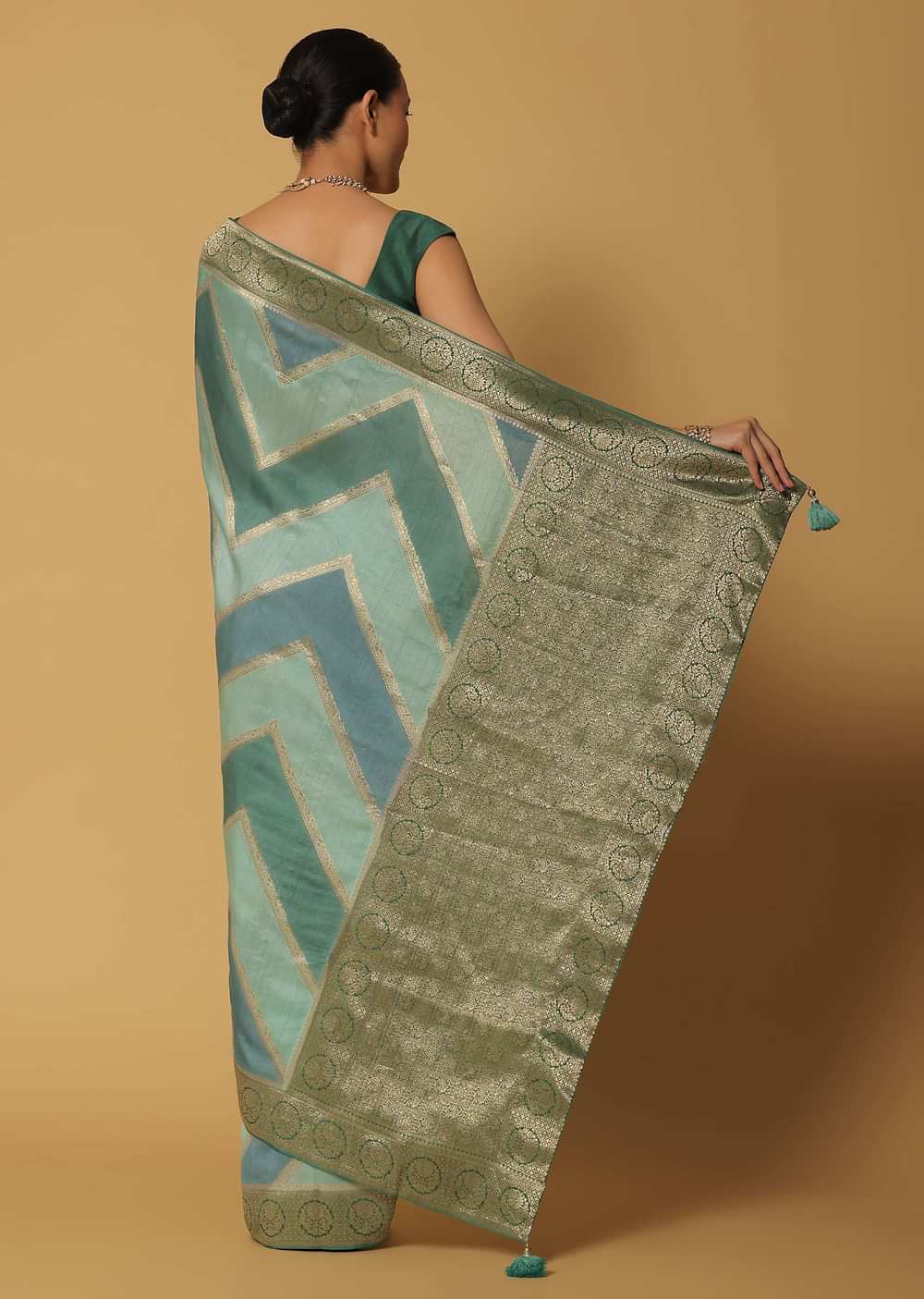 Blue Dola Silk Saree With Diagonal Woven Stripes And Unstitched Blouse Fabric