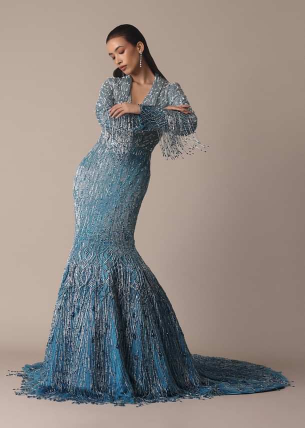 Blue Fish Cut Ombre Trail Embroidered Gown
