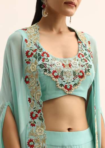 Blue Embellished Crop Top And Dhoti Set