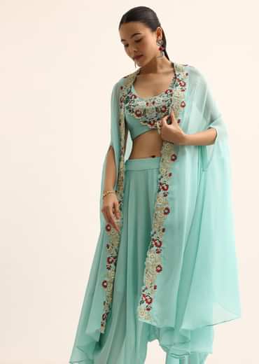 Blue Embellished Crop Top And Dhoti Set