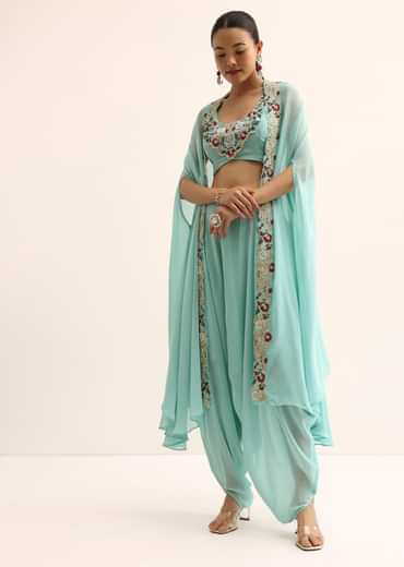 Blue Embellished Crop Top And Dhoti Set