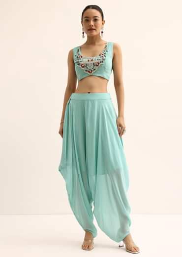 Blue Embellished Crop Top And Dhoti Set