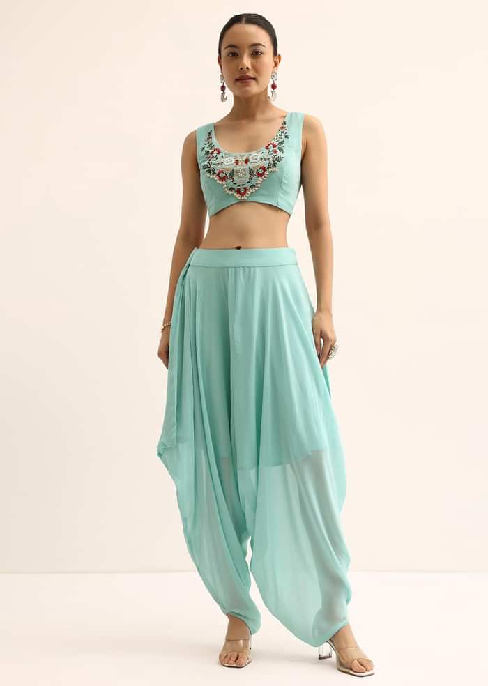 Blue Embellished Crop Top And Dhoti Set