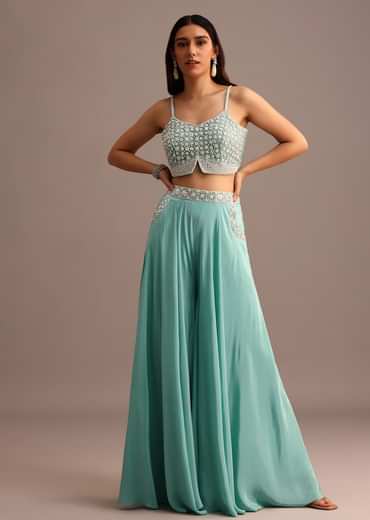 Blue Embellished Croptop Palazzo Set With Organza Jacket