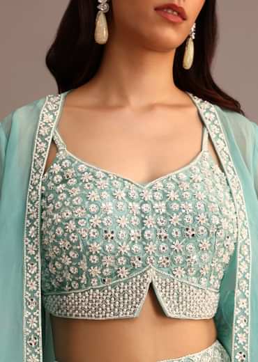Blue Embellished Croptop Palazzo Set With Organza Jacket