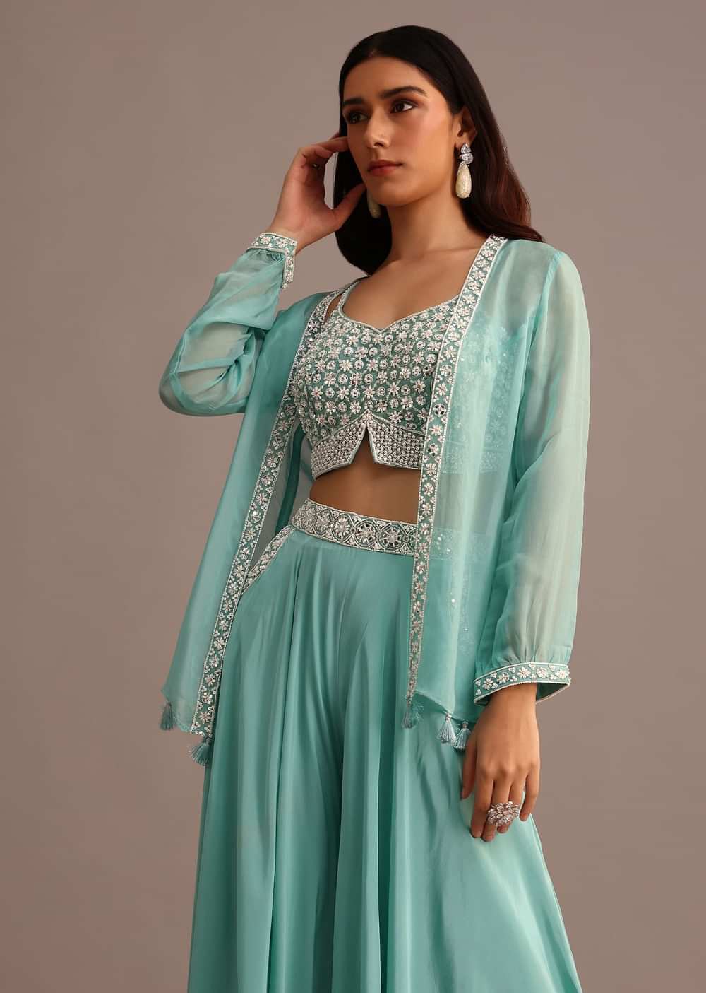 Blue Embellished Croptop Palazzo Set With Organza Jacket