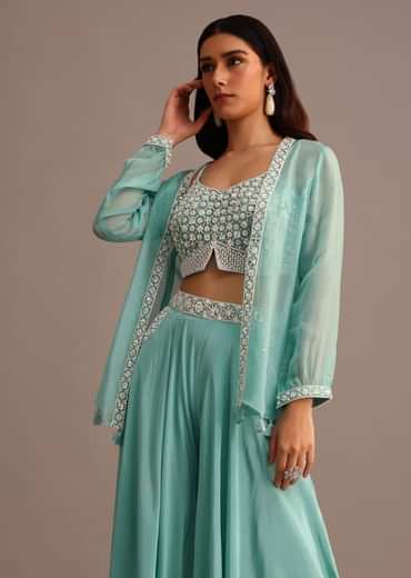 Blue Embellished Croptop Palazzo Set With Organza Jacket