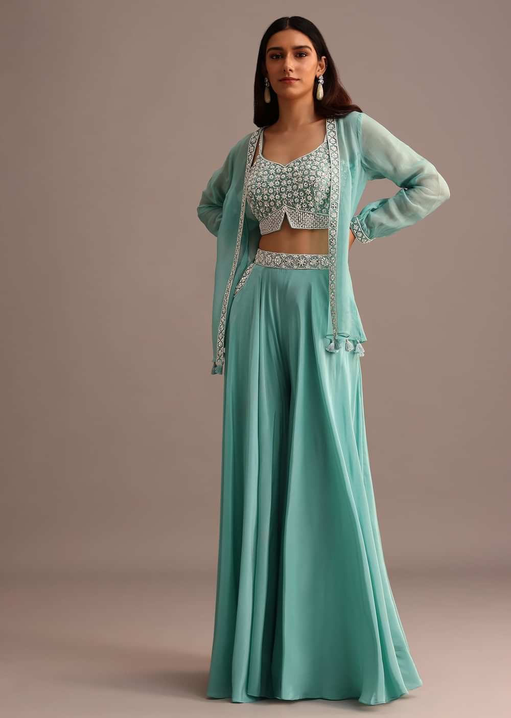 Blue Embellished Croptop Palazzo Set With Organza Jacket