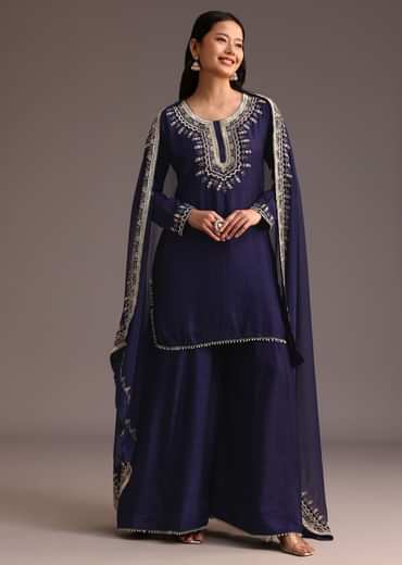 Blue Embellished Palazzo Suits With Organza Dupatta