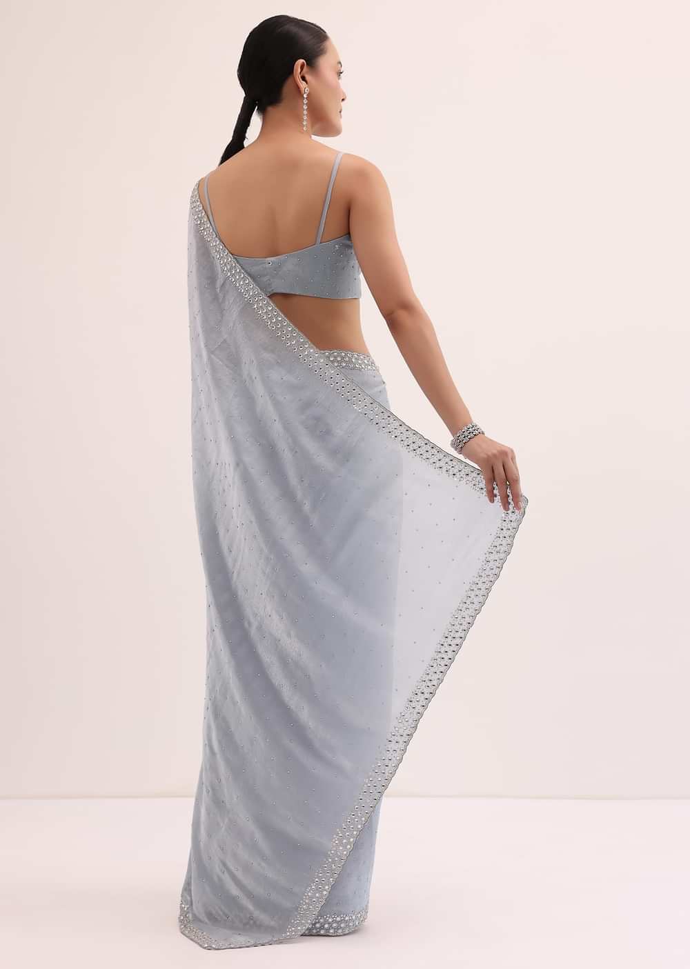 Blue Embroidered Chiffon Saree With Unstitched Blouse