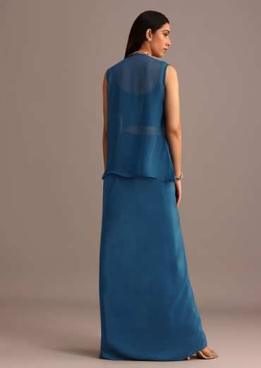 Blue Embroidered Croptop With Drape Skirt And Organza Jacket