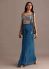 Blue Embroidered Croptop With Drape Skirt And Organza Jacket
