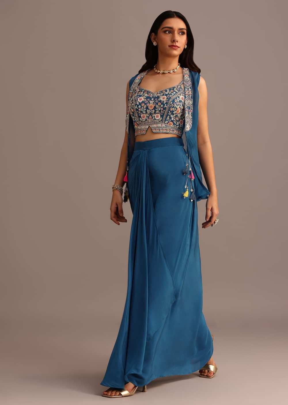 Blue Embroidered Croptop With Drape Skirt And Organza Jacket