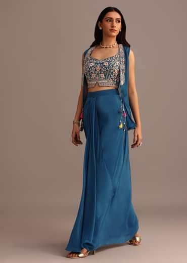 Blue Embroidered Croptop With Drape Skirt And Organza Jacket