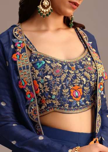 Blue Embroidered Croptop With Drape Skirt And Tussar Jacket