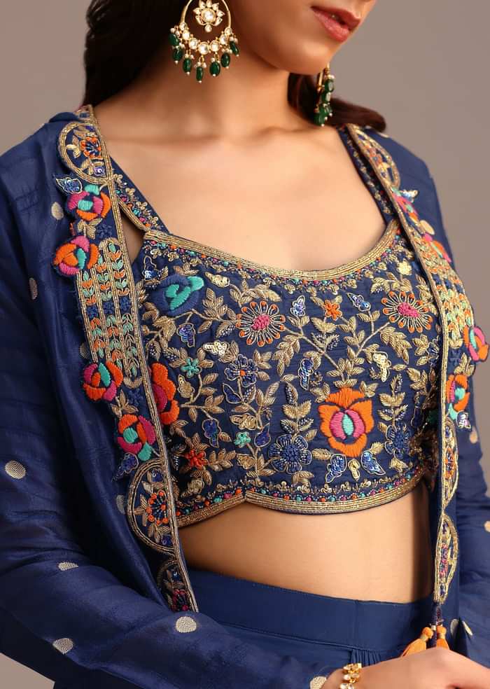 Blue Embroidered Croptop With Drape Skirt And Tussar Jacket