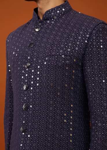 Midnight Blue Embroidered Indo-Western Bandi Set In Georgette