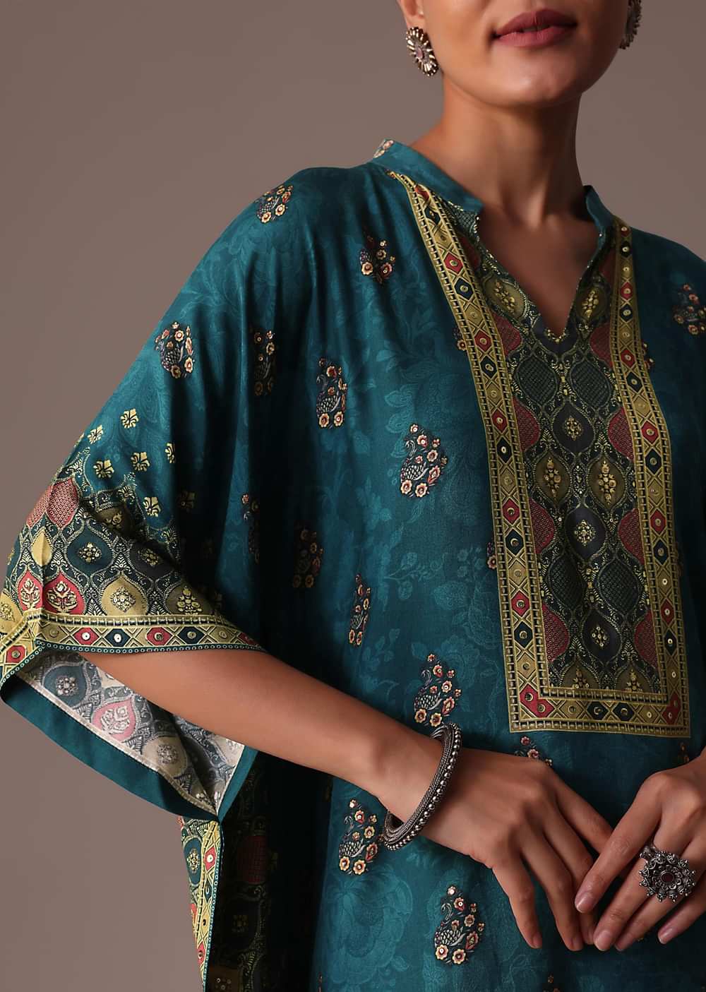 Blue Embroidered Kaftan Cotton Silk Co Ord Set