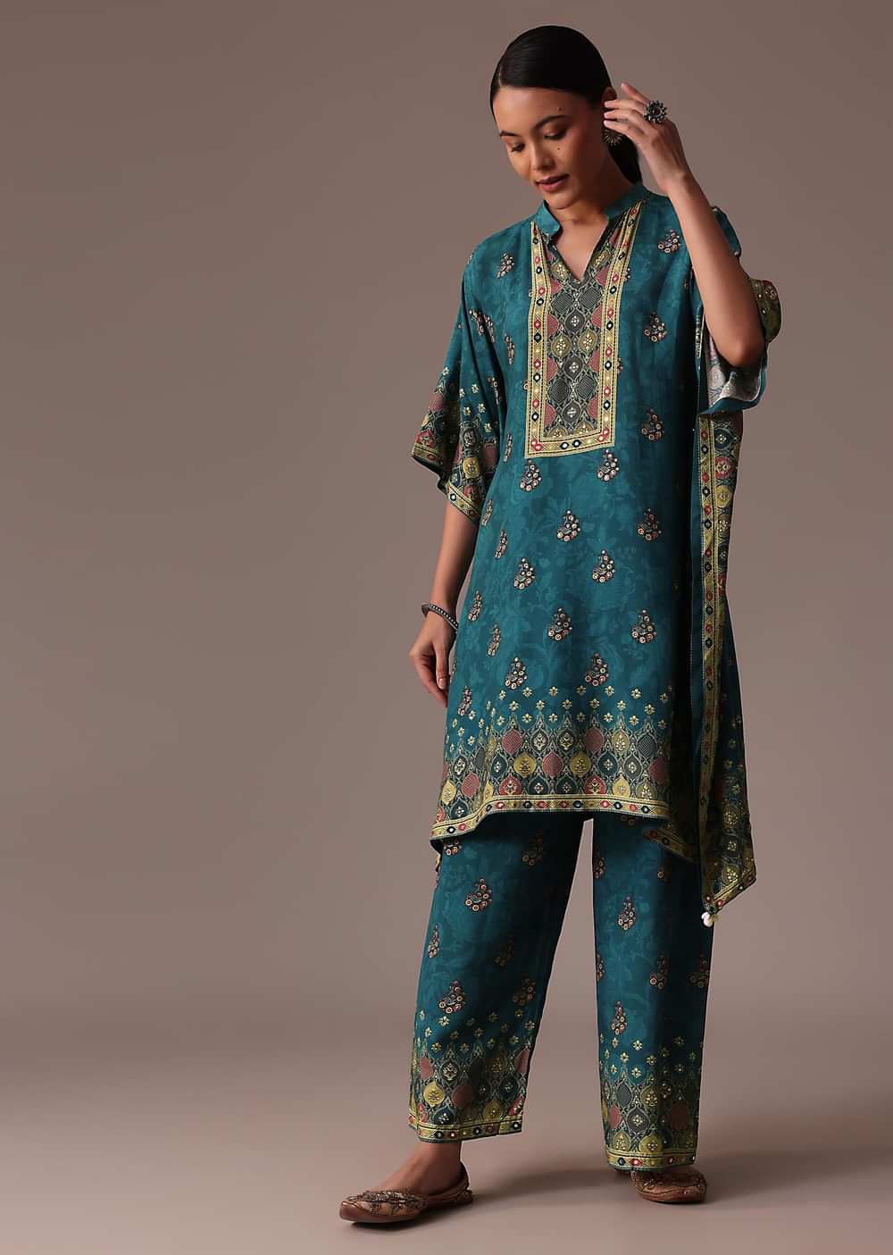 Blue Embroidered Kaftan Cotton Silk Co Ord Set
