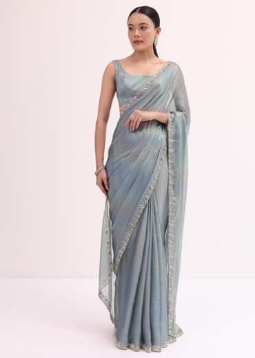 Blue Embroidered Saree With Unstitched Blouse