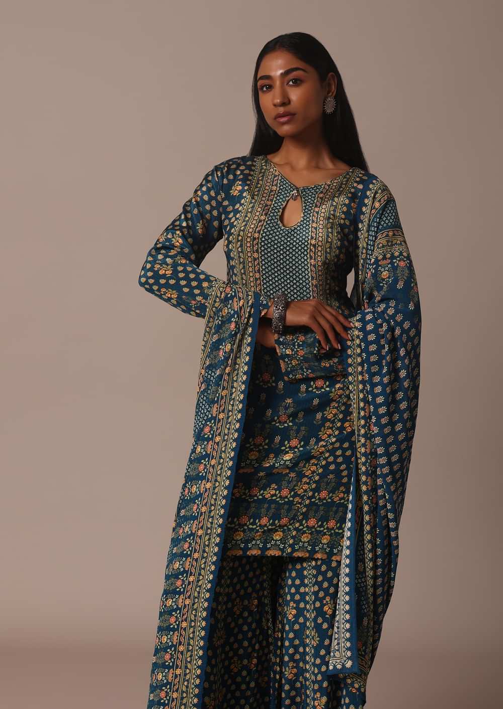 Blue Embroidered Sharara Set With Printed And Stone Work Kurta
