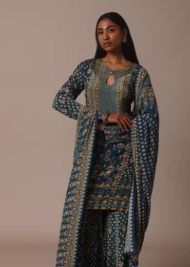 Blue Embroidered Sharara Set With Printed And Stone Work Kurta