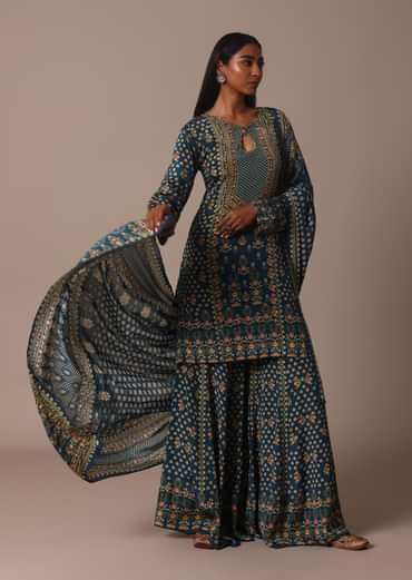 Blue Embroidered Sharara Set With Printed And Stone Work Kurta
